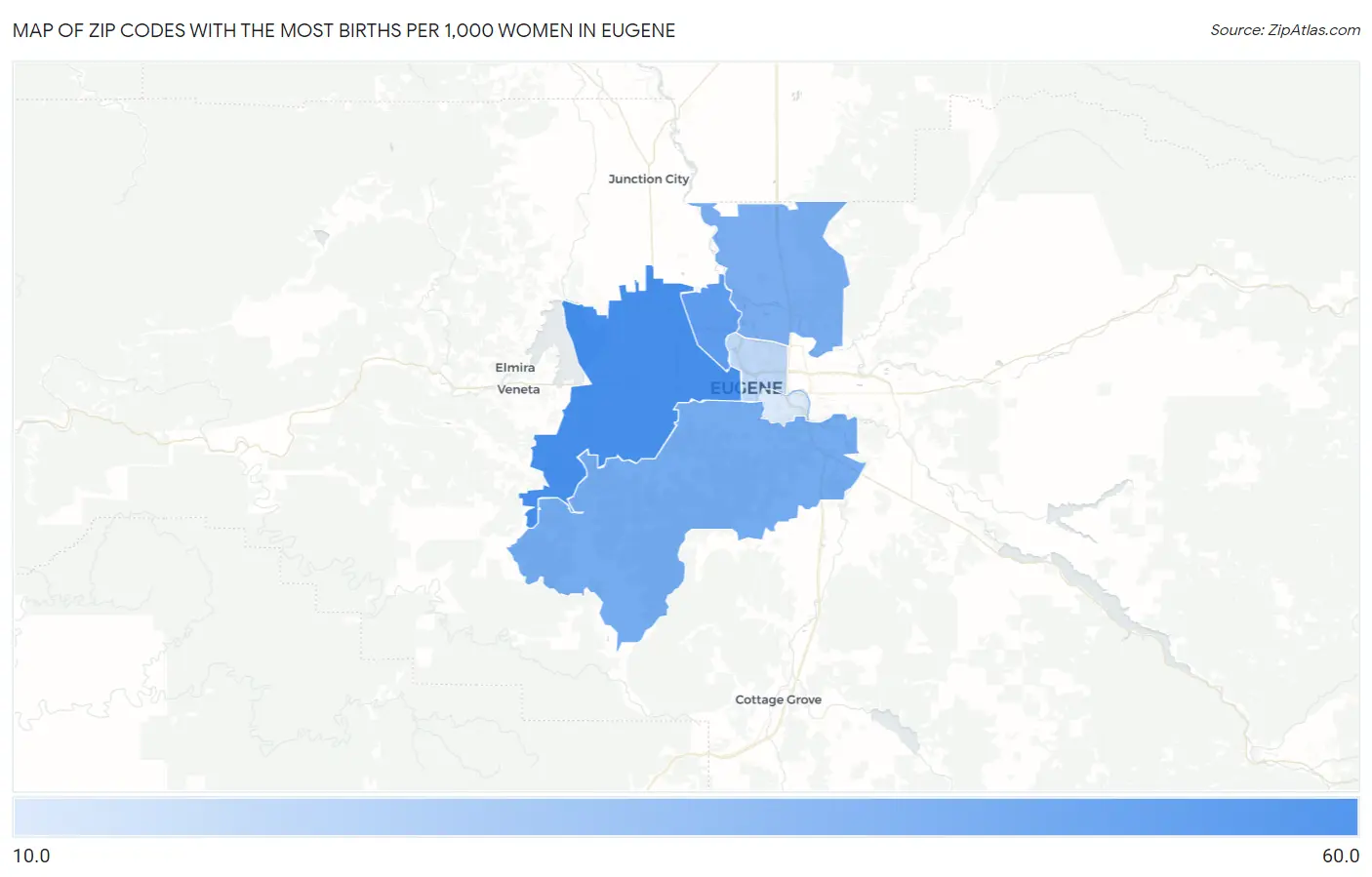 Zip Codes with the Most Births per 1,000 Women in Eugene Map