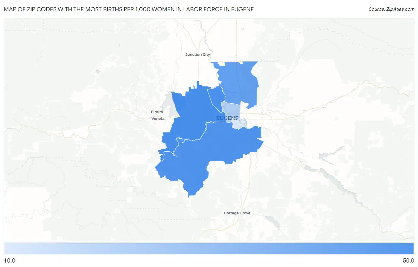 Zip Codes with the Most Births per 1,000 Women in Labor Force in Eugene Map