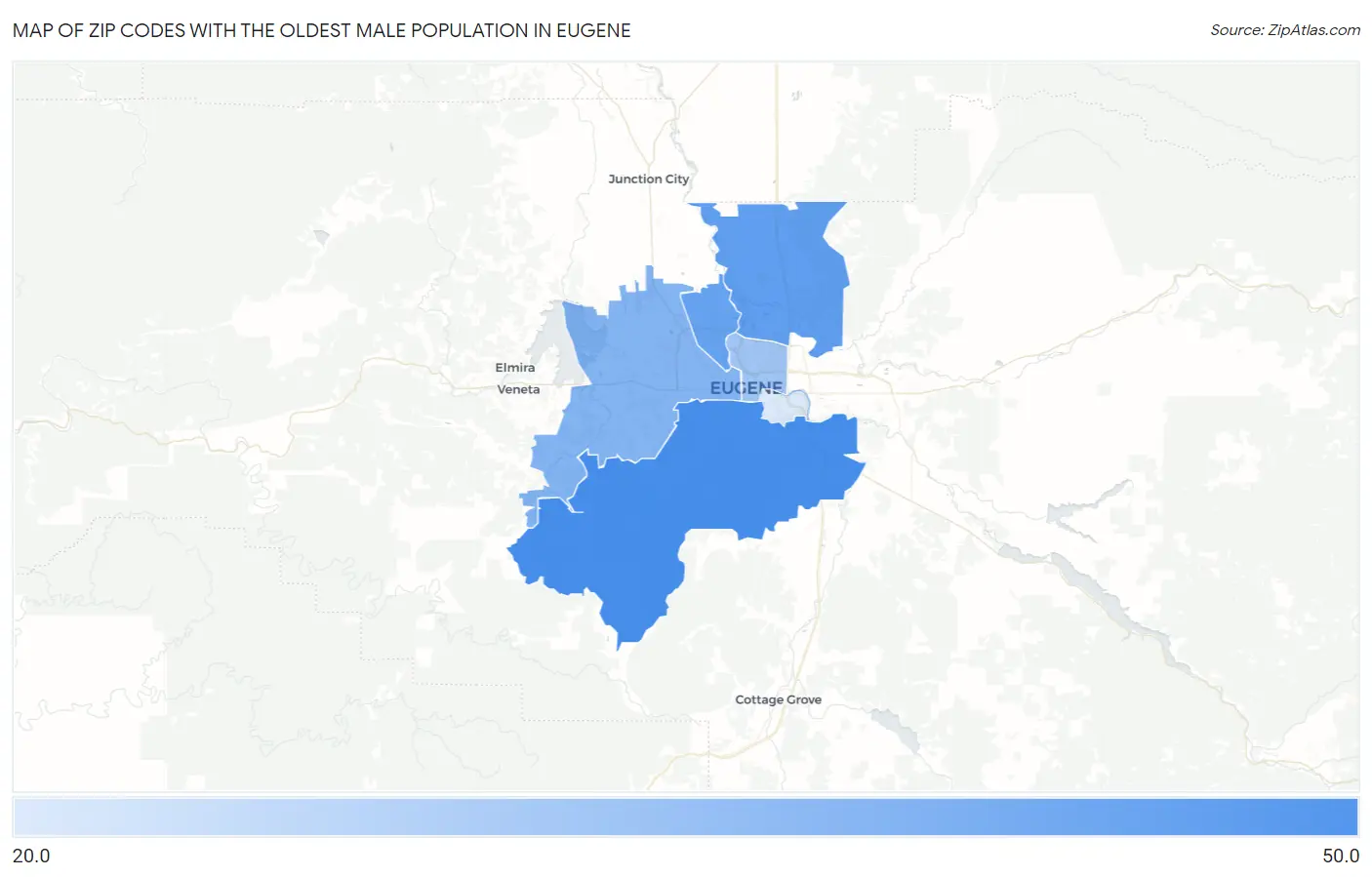 Zip Codes with the Oldest Male Population in Eugene Map