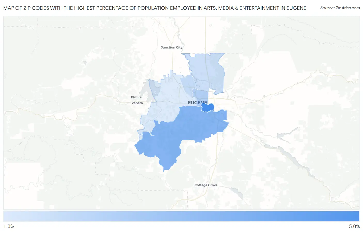 Zip Codes with the Highest Percentage of Population Employed in Arts, Media & Entertainment in Eugene Map