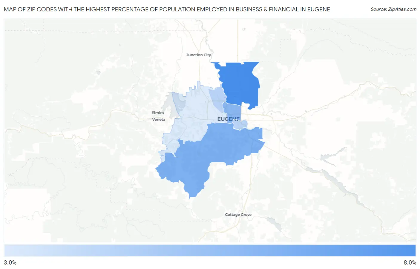 Zip Codes with the Highest Percentage of Population Employed in Business & Financial in Eugene Map