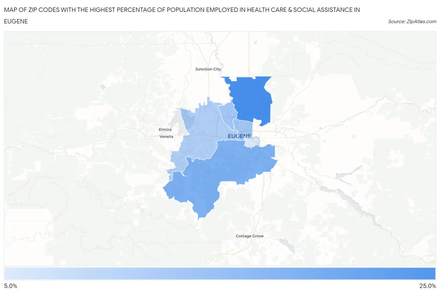 Zip Codes with the Highest Percentage of Population Employed in Health Care & Social Assistance in Eugene Map