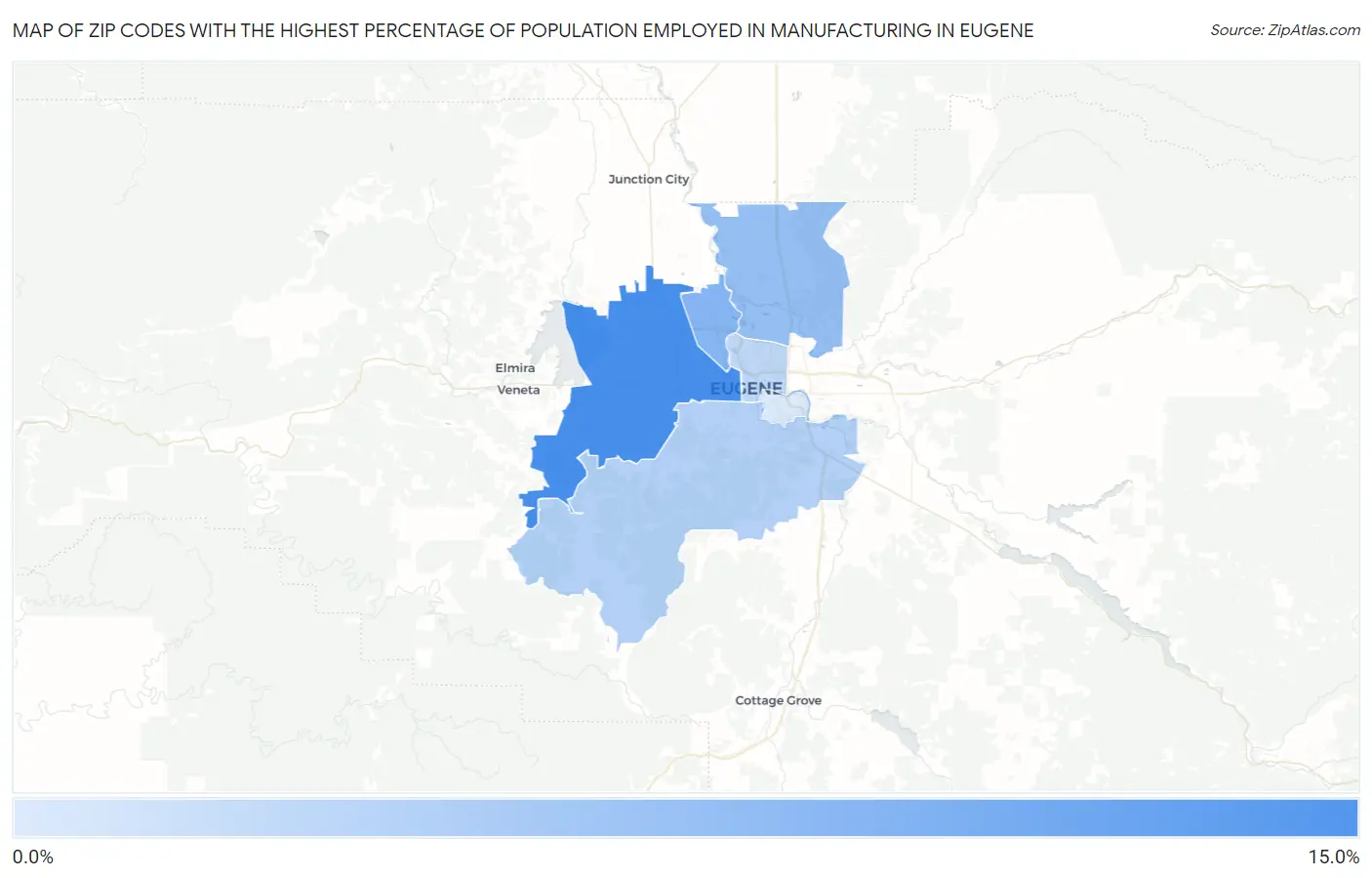 Zip Codes with the Highest Percentage of Population Employed in Manufacturing in Eugene Map