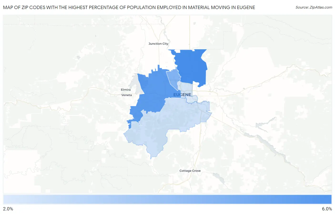 Zip Codes with the Highest Percentage of Population Employed in Material Moving in Eugene Map