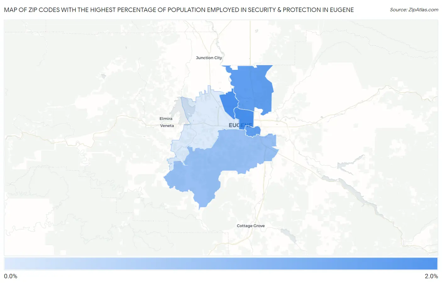Zip Codes with the Highest Percentage of Population Employed in Security & Protection in Eugene Map