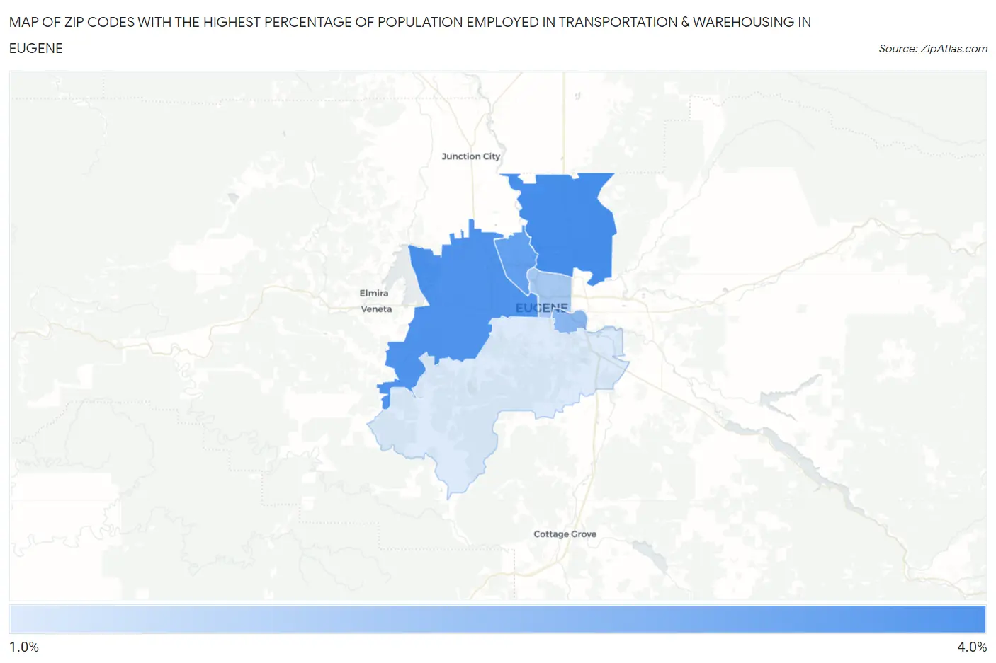 Zip Codes with the Highest Percentage of Population Employed in Transportation & Warehousing in Eugene Map