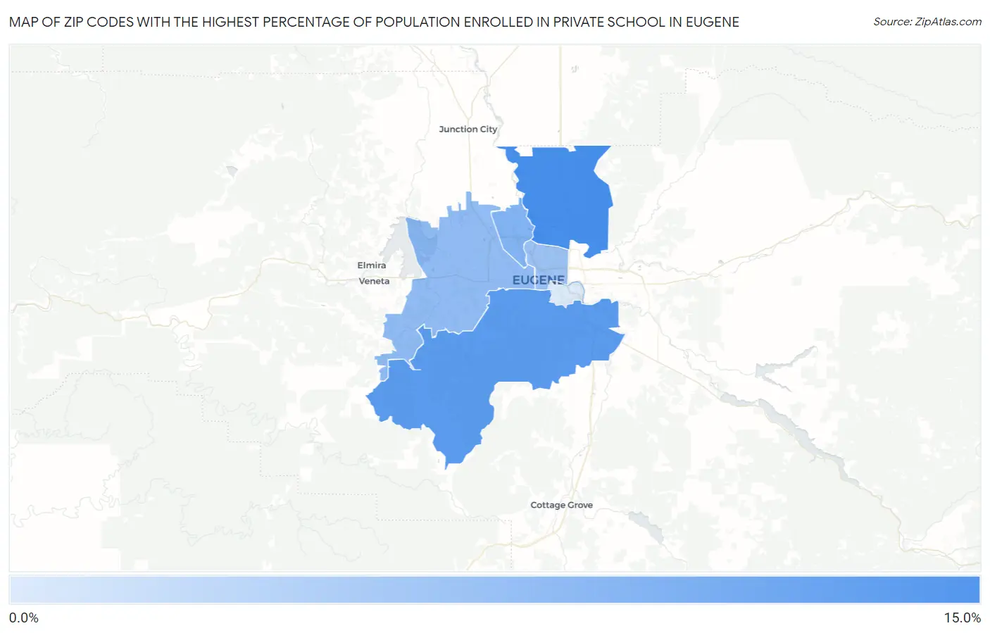 Zip Codes with the Highest Percentage of Population Enrolled in Private School in Eugene Map