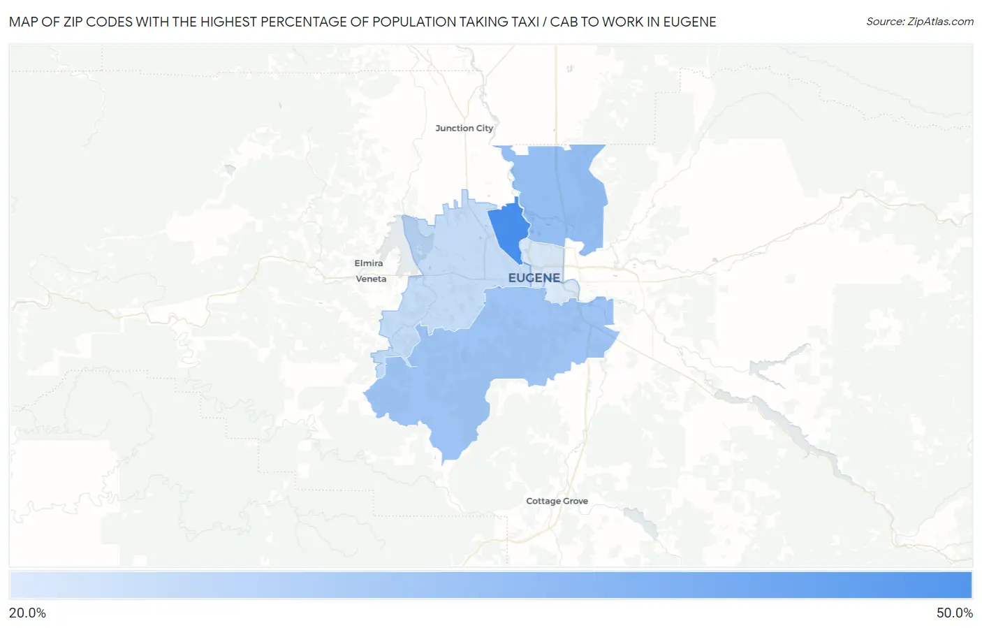 Zip Codes with the Highest Percentage of Population Taking Taxi / Cab to Work in Eugene Map