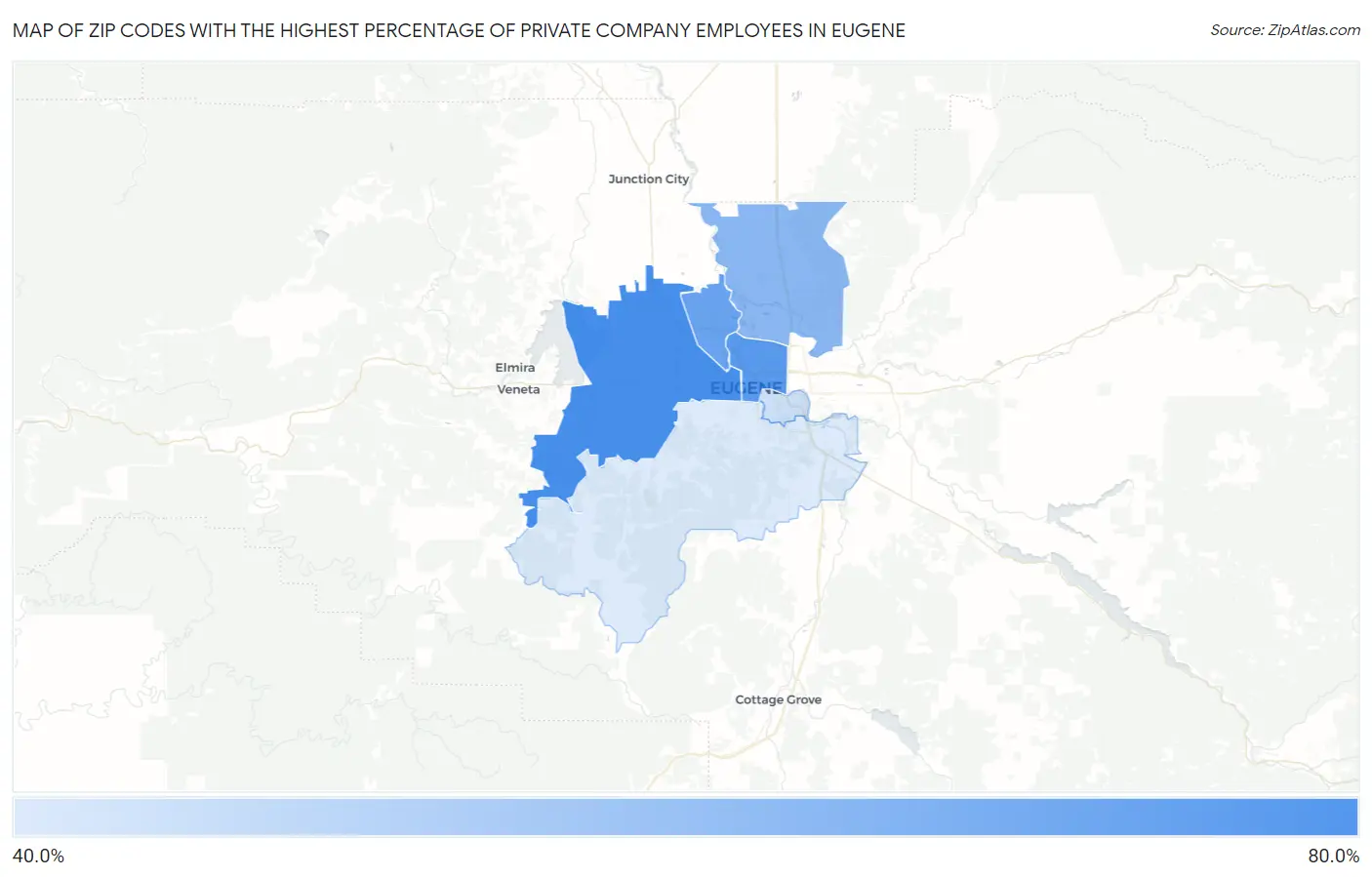 Zip Codes with the Highest Percentage of Private Company Employees in Eugene Map