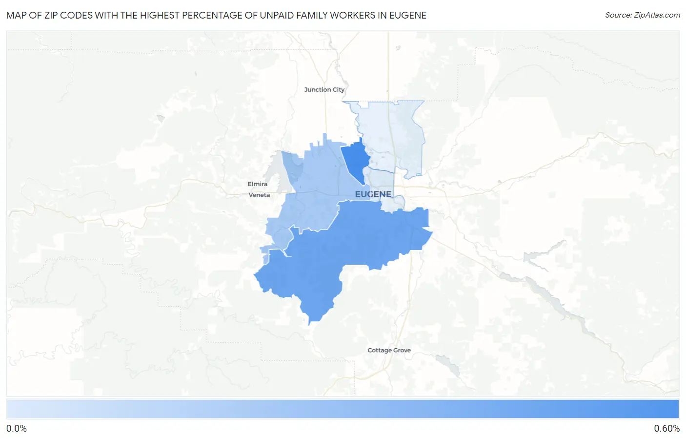 Zip Codes with the Highest Percentage of Unpaid Family Workers in Eugene Map