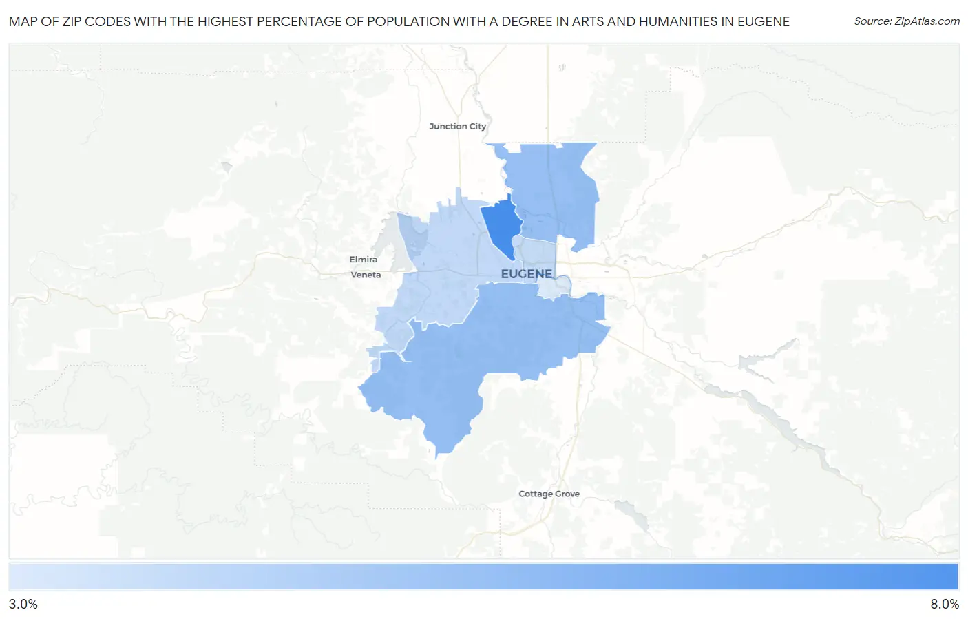 Zip Codes with the Highest Percentage of Population with a Degree in Arts and Humanities in Eugene Map