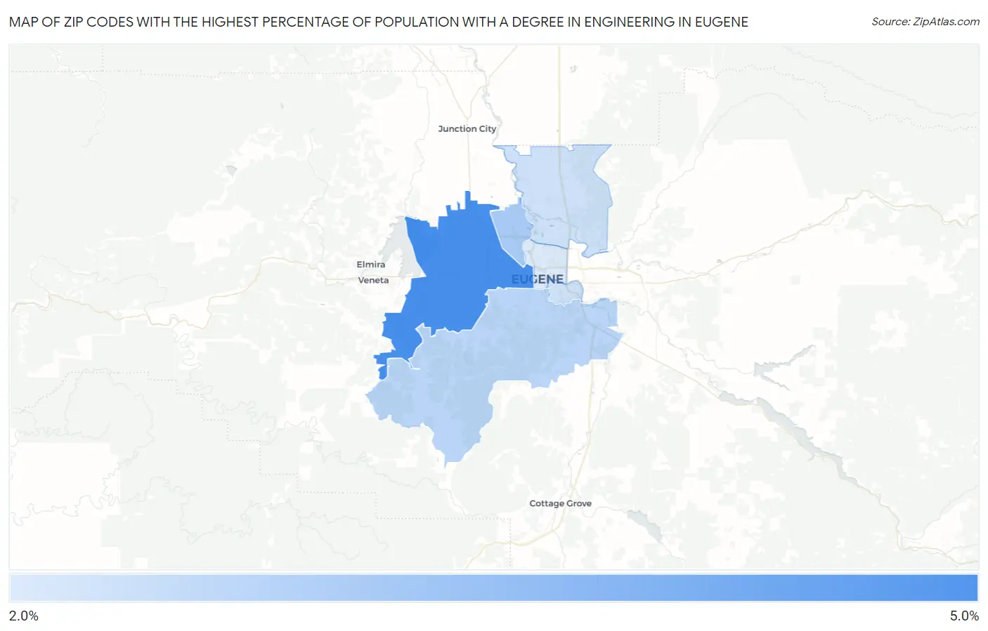 Zip Codes with the Highest Percentage of Population with a Degree in Engineering in Eugene Map
