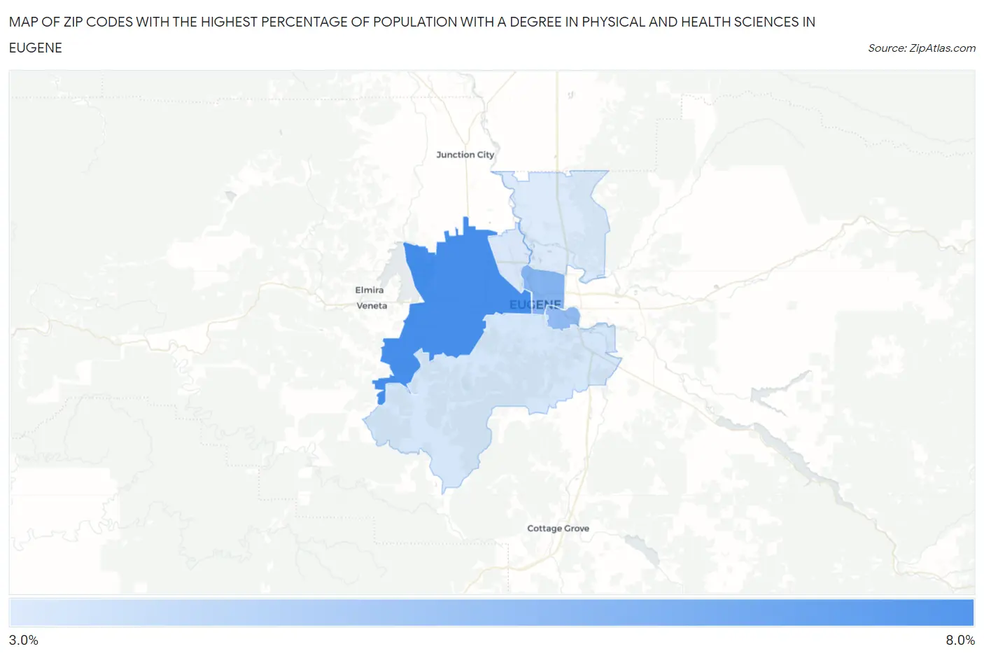 Zip Codes with the Highest Percentage of Population with a Degree in Physical and Health Sciences in Eugene Map