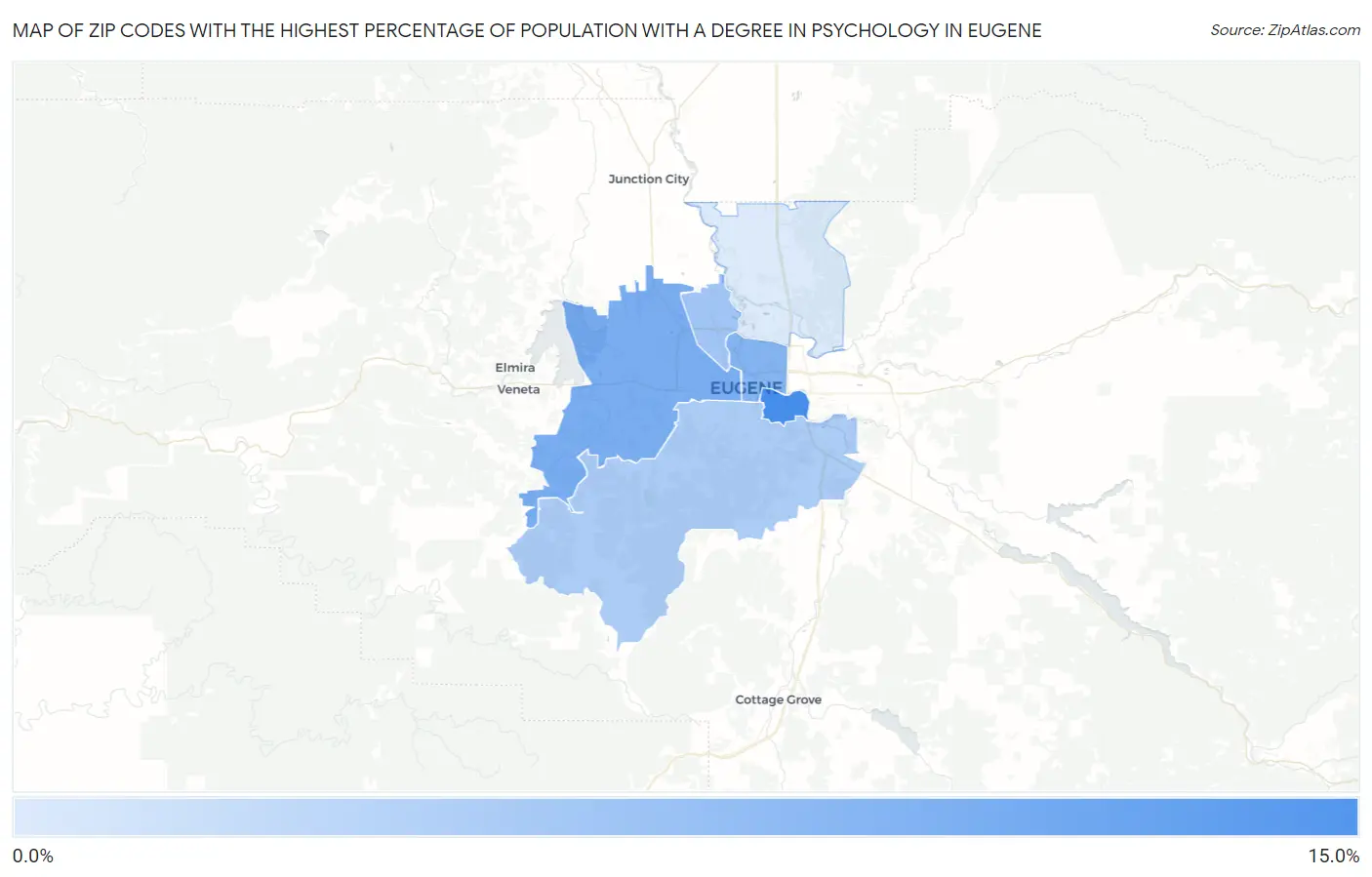 Zip Codes with the Highest Percentage of Population with a Degree in Psychology in Eugene Map