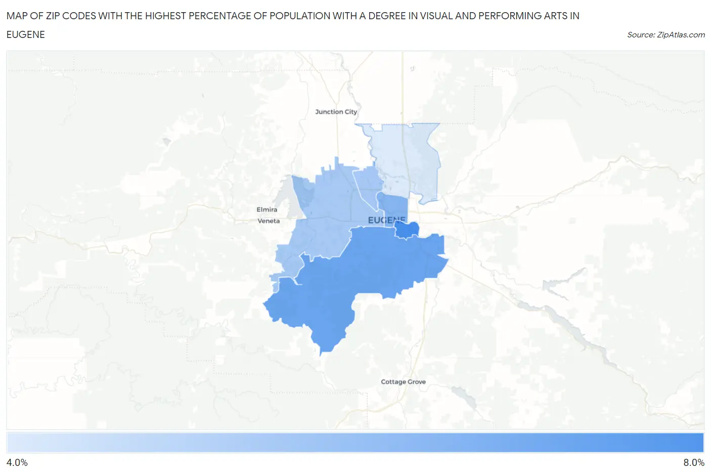 Zip Codes with the Highest Percentage of Population with a Degree in Visual and Performing Arts in Eugene Map