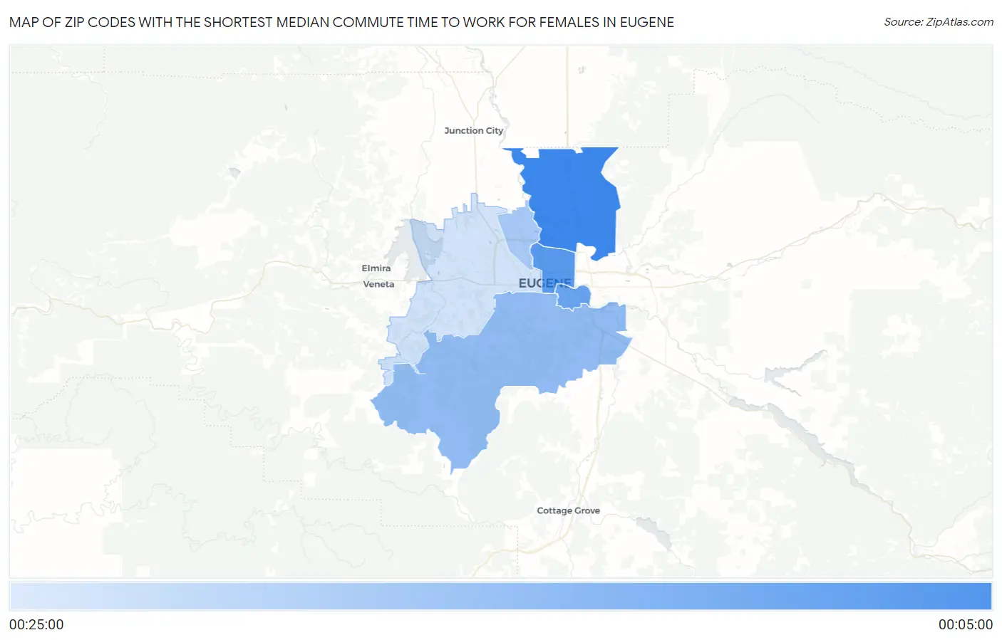 Zip Codes with the Shortest Median Commute Time to Work for Females in Eugene Map