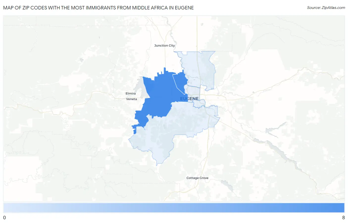 Zip Codes with the Most Immigrants from Middle Africa in Eugene Map