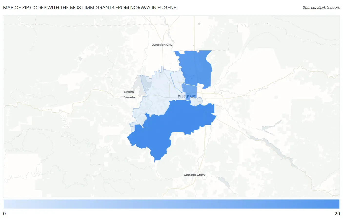 Zip Codes with the Most Immigrants from Norway in Eugene Map