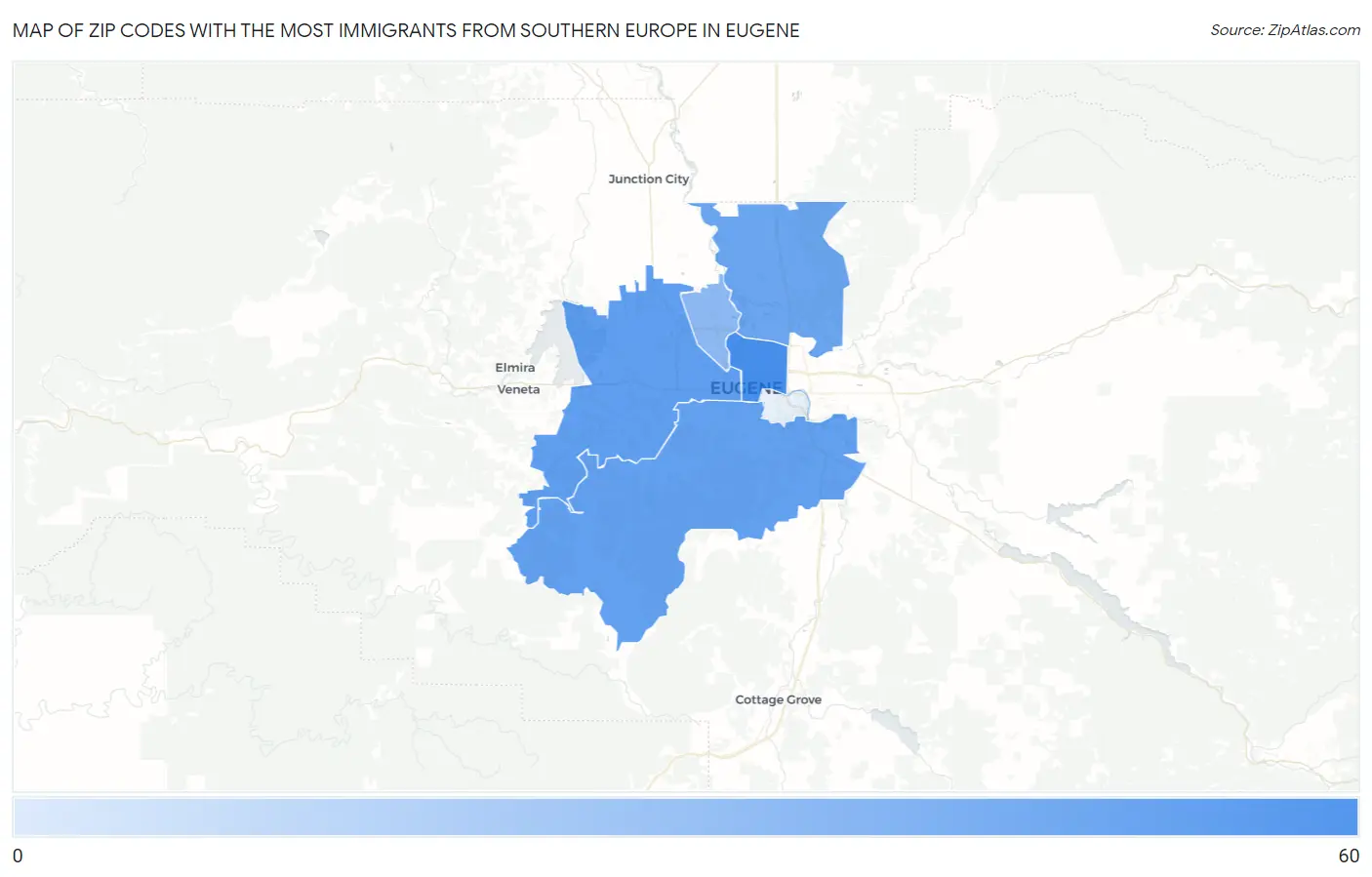 Zip Codes with the Most Immigrants from Southern Europe in Eugene Map