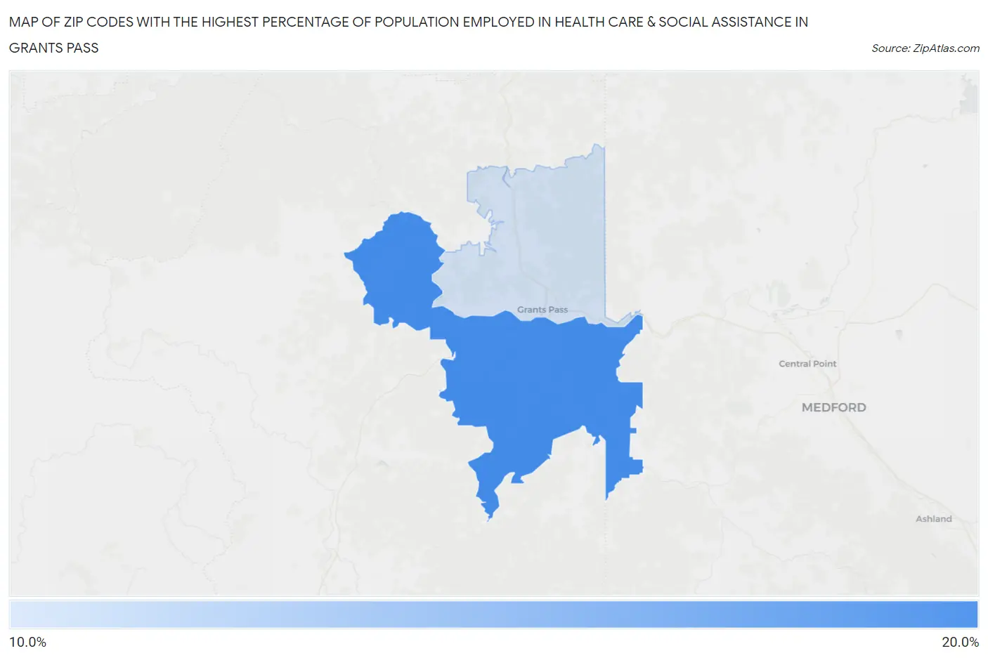 Zip Codes with the Highest Percentage of Population Employed in Health Care & Social Assistance in Grants Pass Map