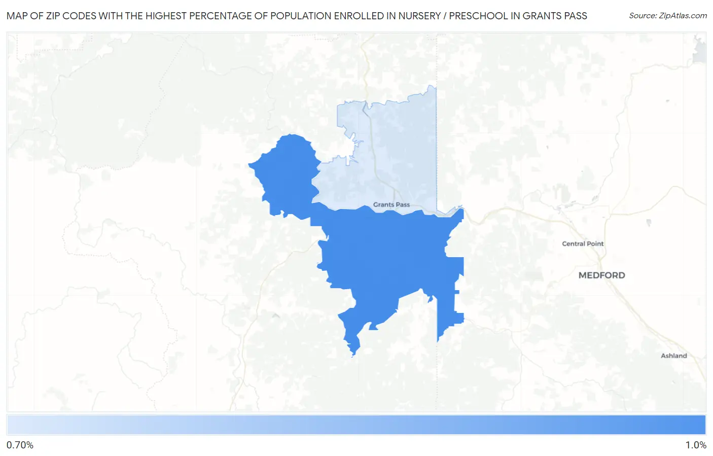 Zip Codes with the Highest Percentage of Population Enrolled in Nursery / Preschool in Grants Pass Map