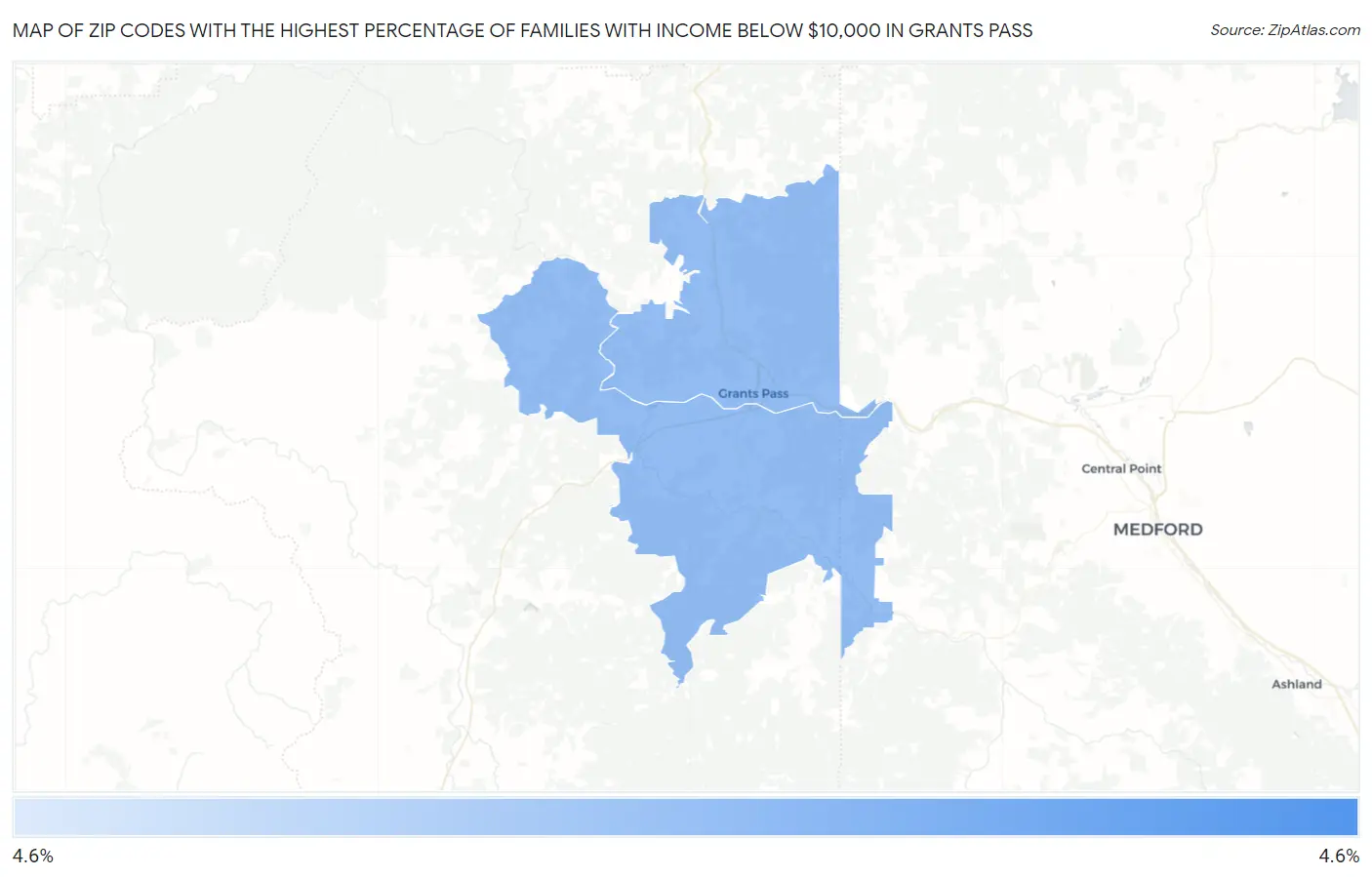 Zip Codes with the Highest Percentage of Families with Income Below $10,000 in Grants Pass Map