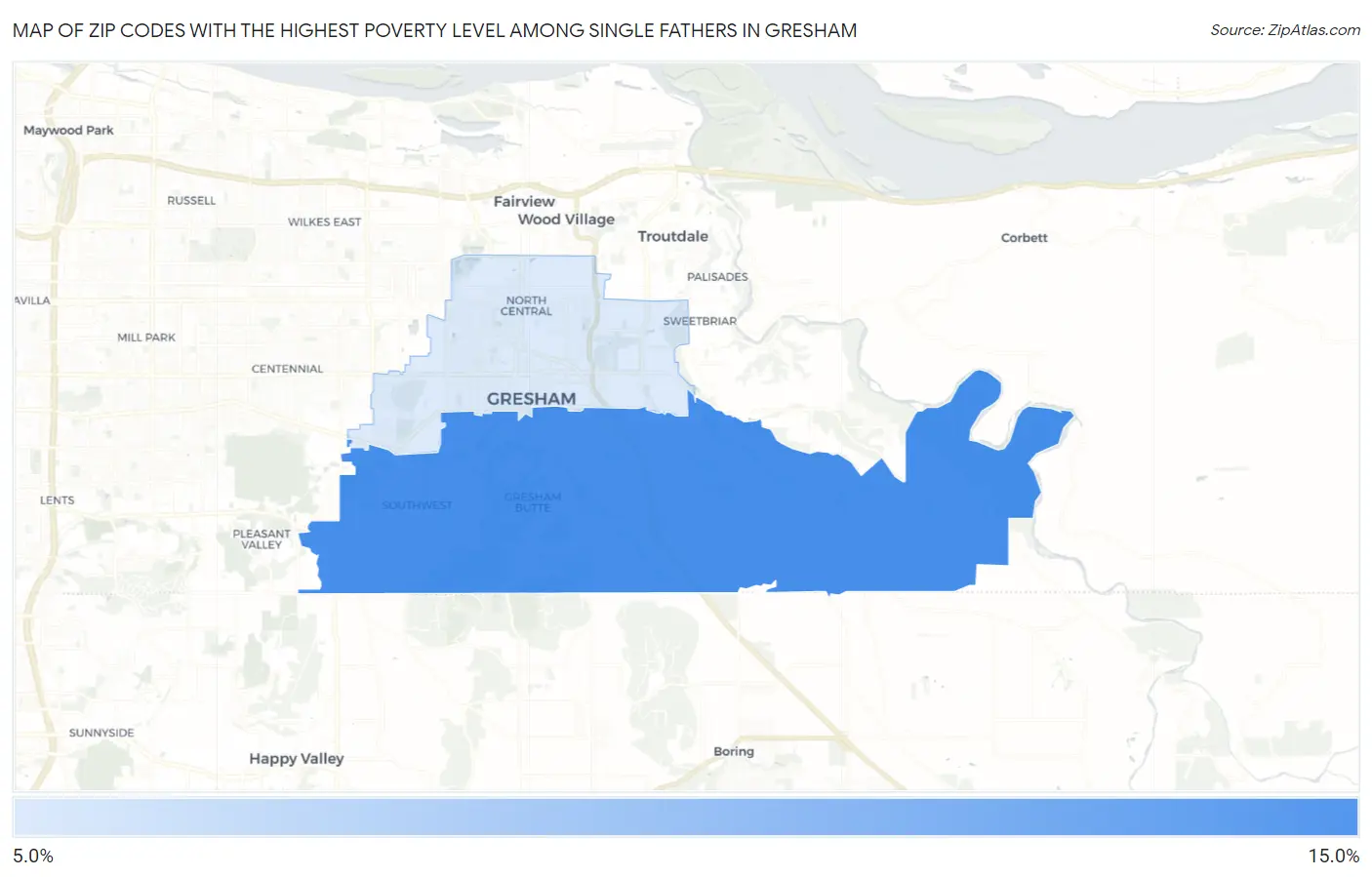 Zip Codes with the Highest Poverty Level Among Single Fathers in Gresham Map