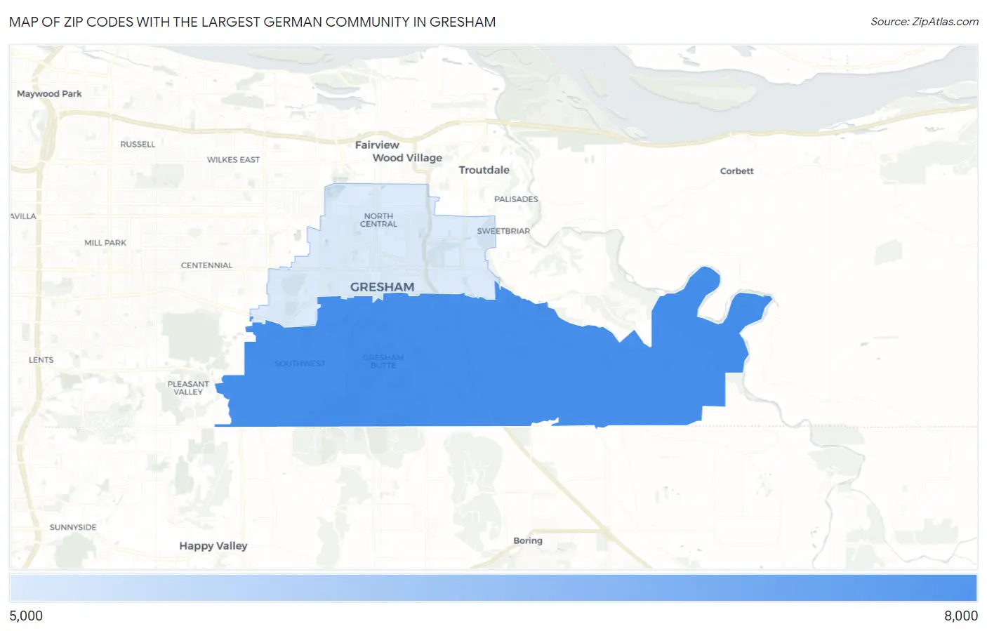 Zip Codes with the Largest German Community in Gresham Map