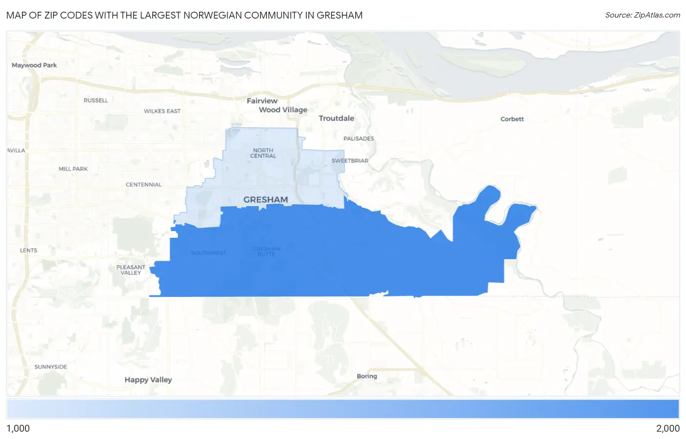 Zip Codes with the Largest Norwegian Community in Gresham Map