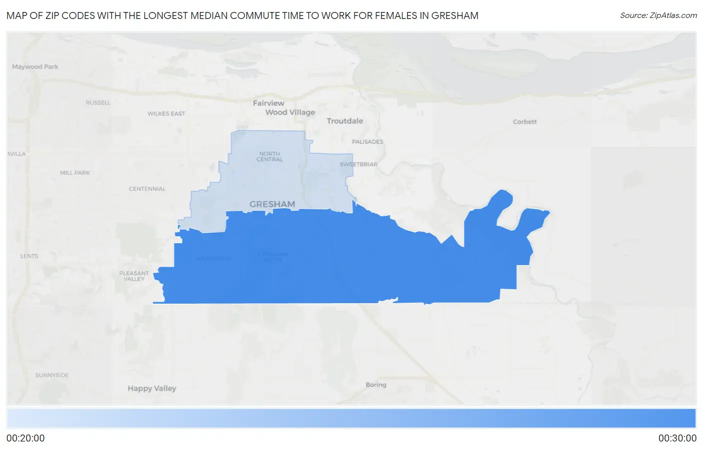 Zip Codes with the Longest Median Commute Time to Work for Females in Gresham Map