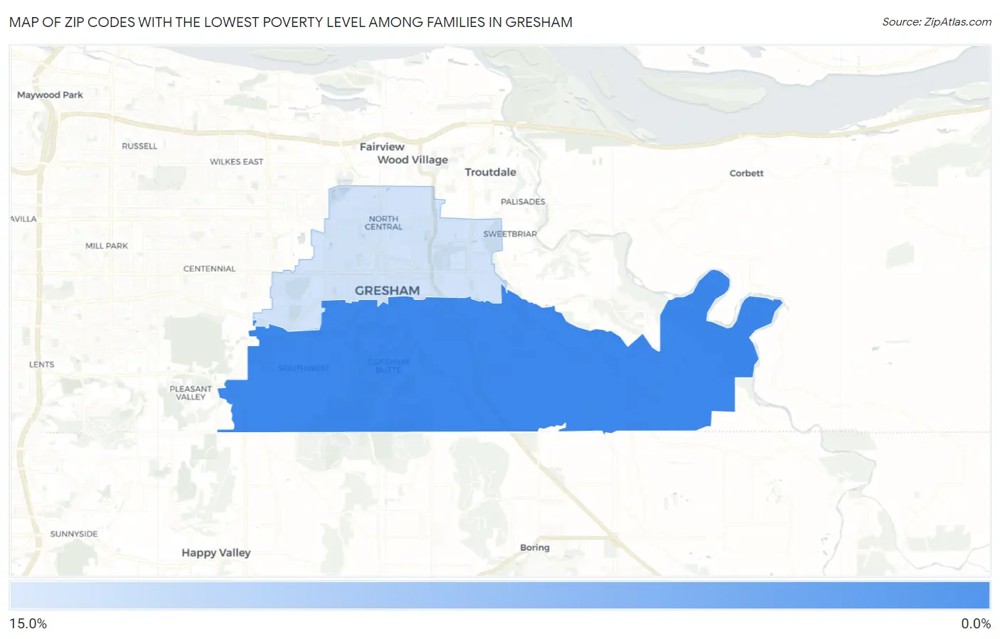 Zip Codes with the Lowest Poverty Level Among Families in Gresham Map