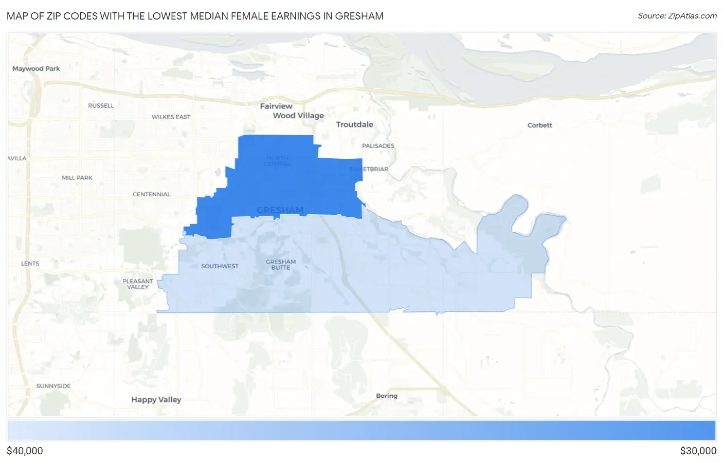Zip Codes with the Lowest Median Female Earnings in Gresham Map