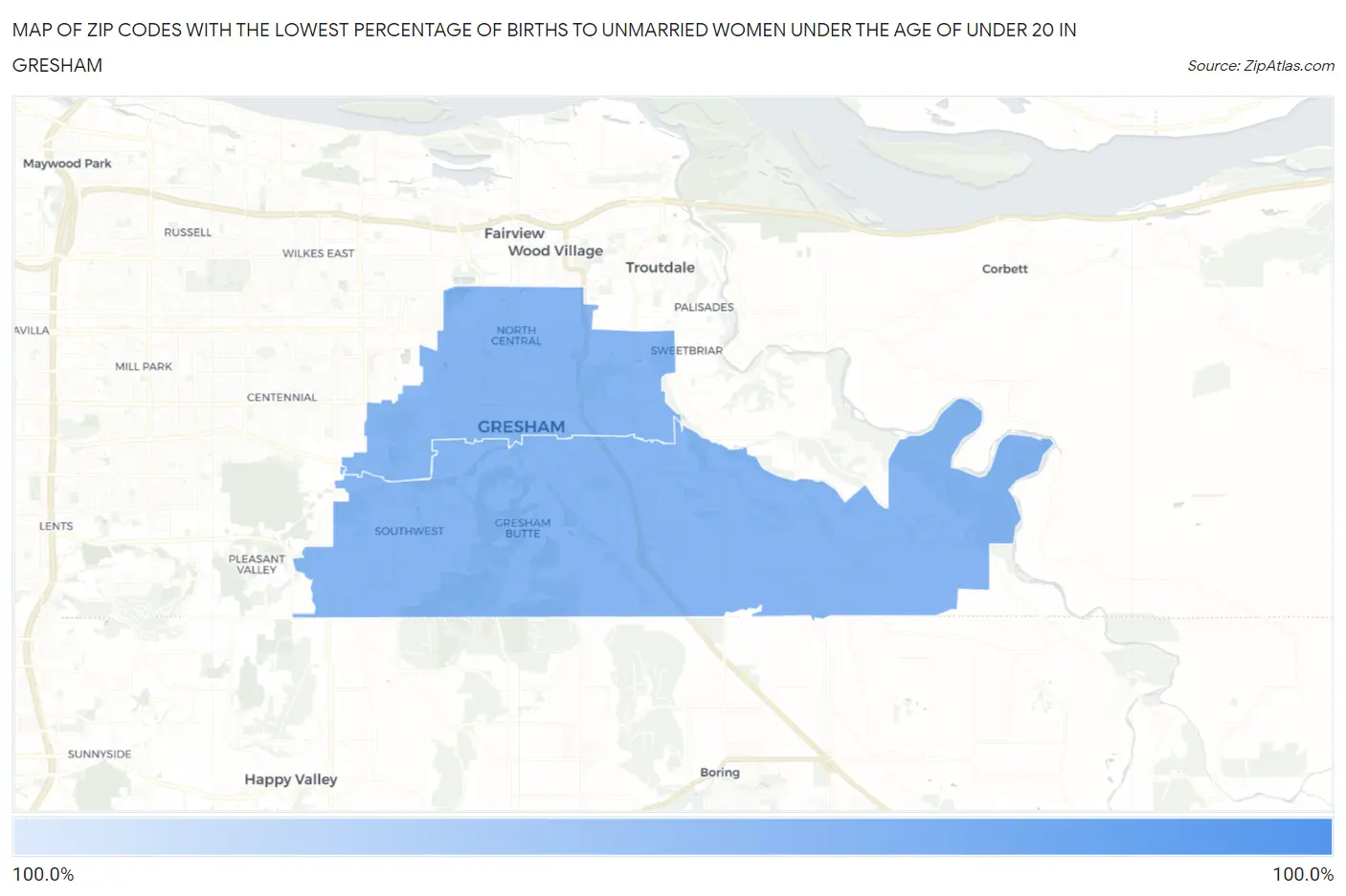 Zip Codes with the Lowest Percentage of Births to Unmarried Women under the Age of under 20 in Gresham Map