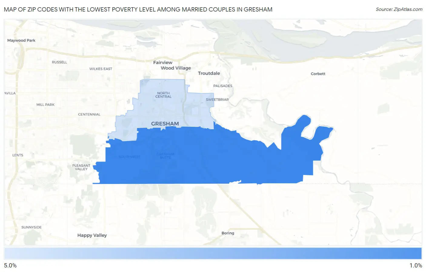 Zip Codes with the Lowest Poverty Level Among Married Couples in Gresham Map