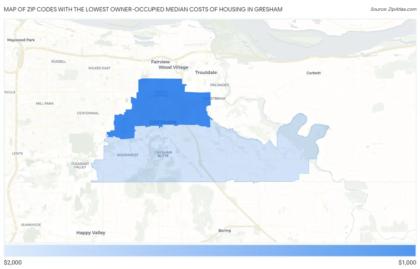 Zip Codes with the Lowest Owner-Occupied Median Costs of Housing in Gresham Map