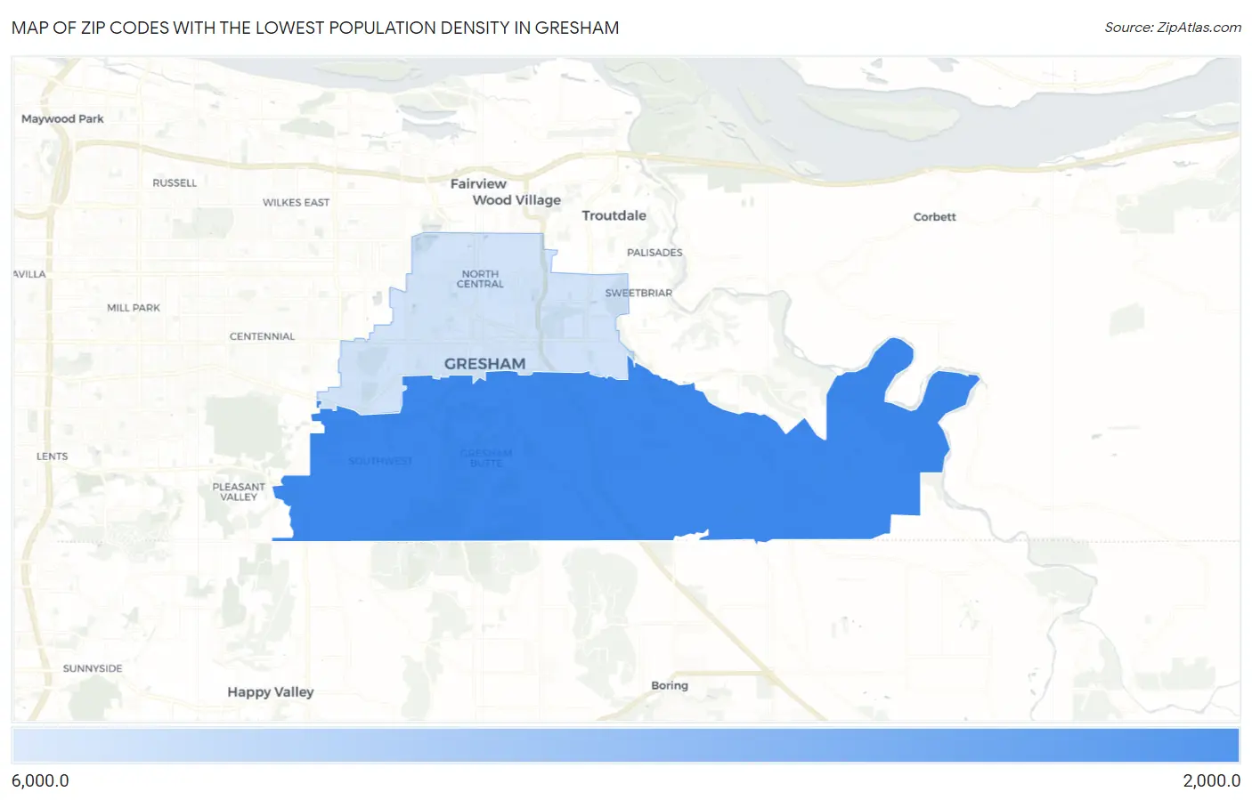 Zip Codes with the Lowest Population Density in Gresham Map