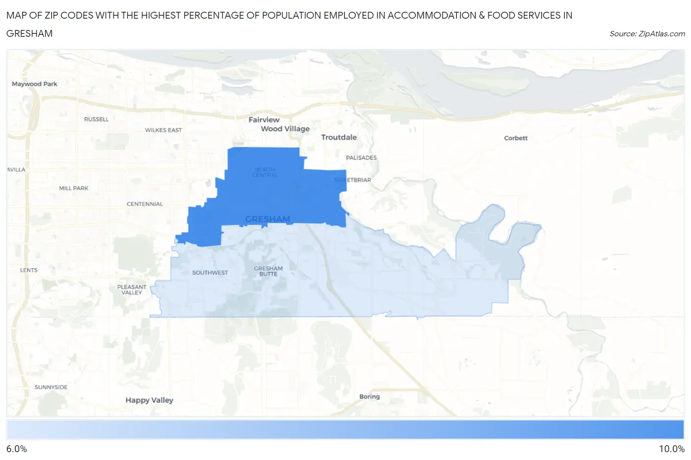 Zip Codes with the Highest Percentage of Population Employed in Accommodation & Food Services in Gresham Map