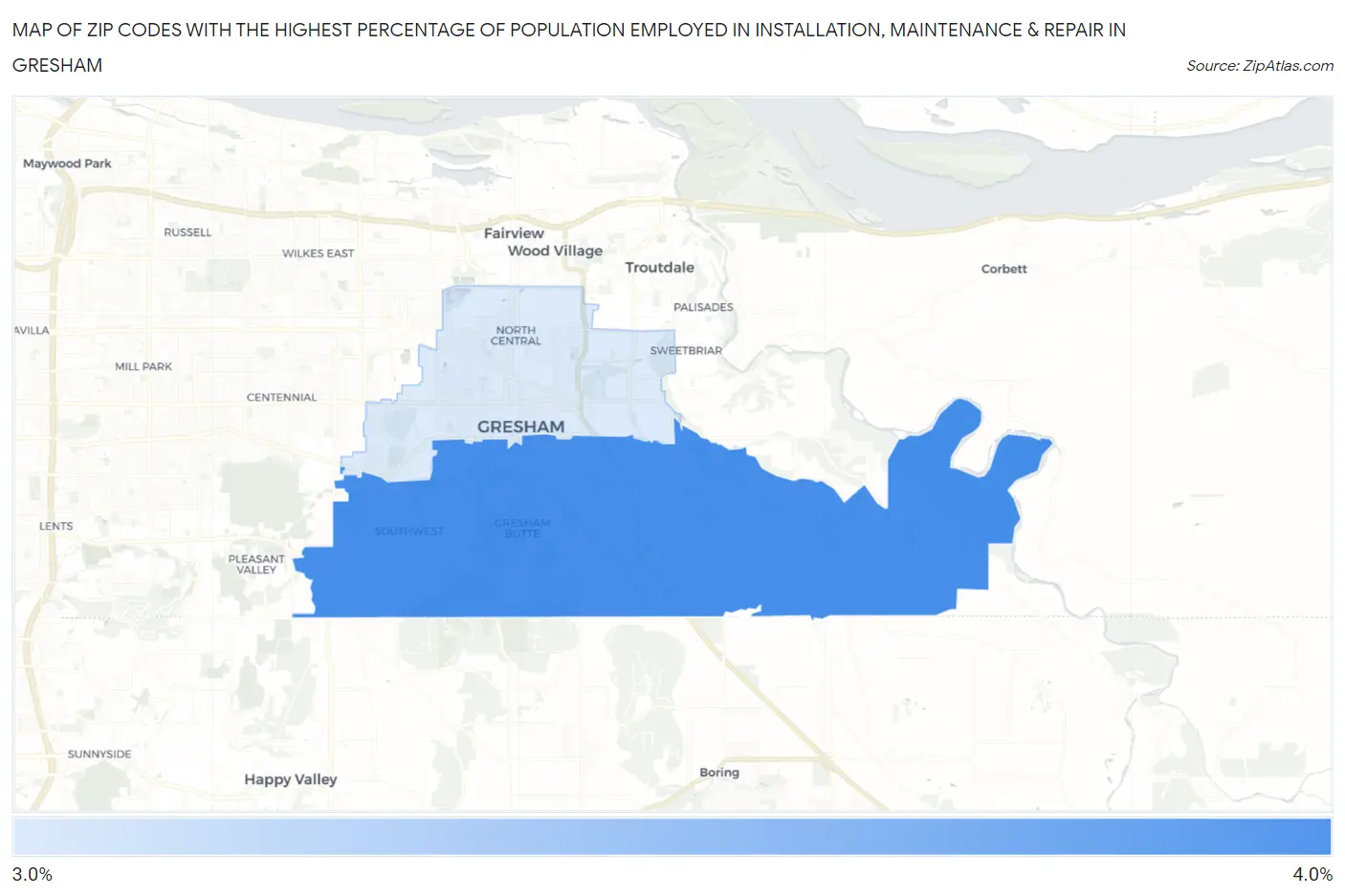 Zip Codes with the Highest Percentage of Population Employed in Installation, Maintenance & Repair in Gresham Map