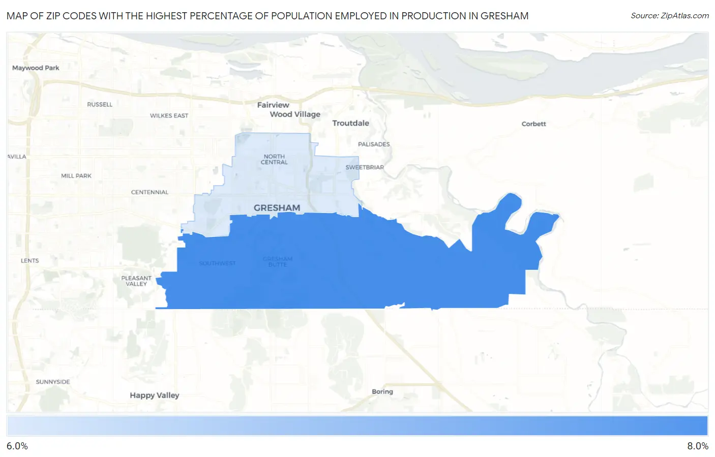 Zip Codes with the Highest Percentage of Population Employed in Production in Gresham Map