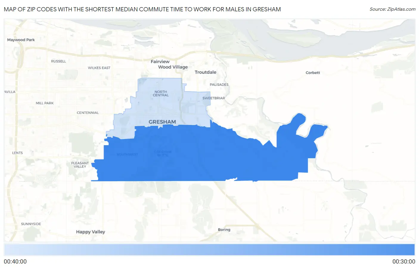 Zip Codes with the Shortest Median Commute Time to Work for Males in Gresham Map