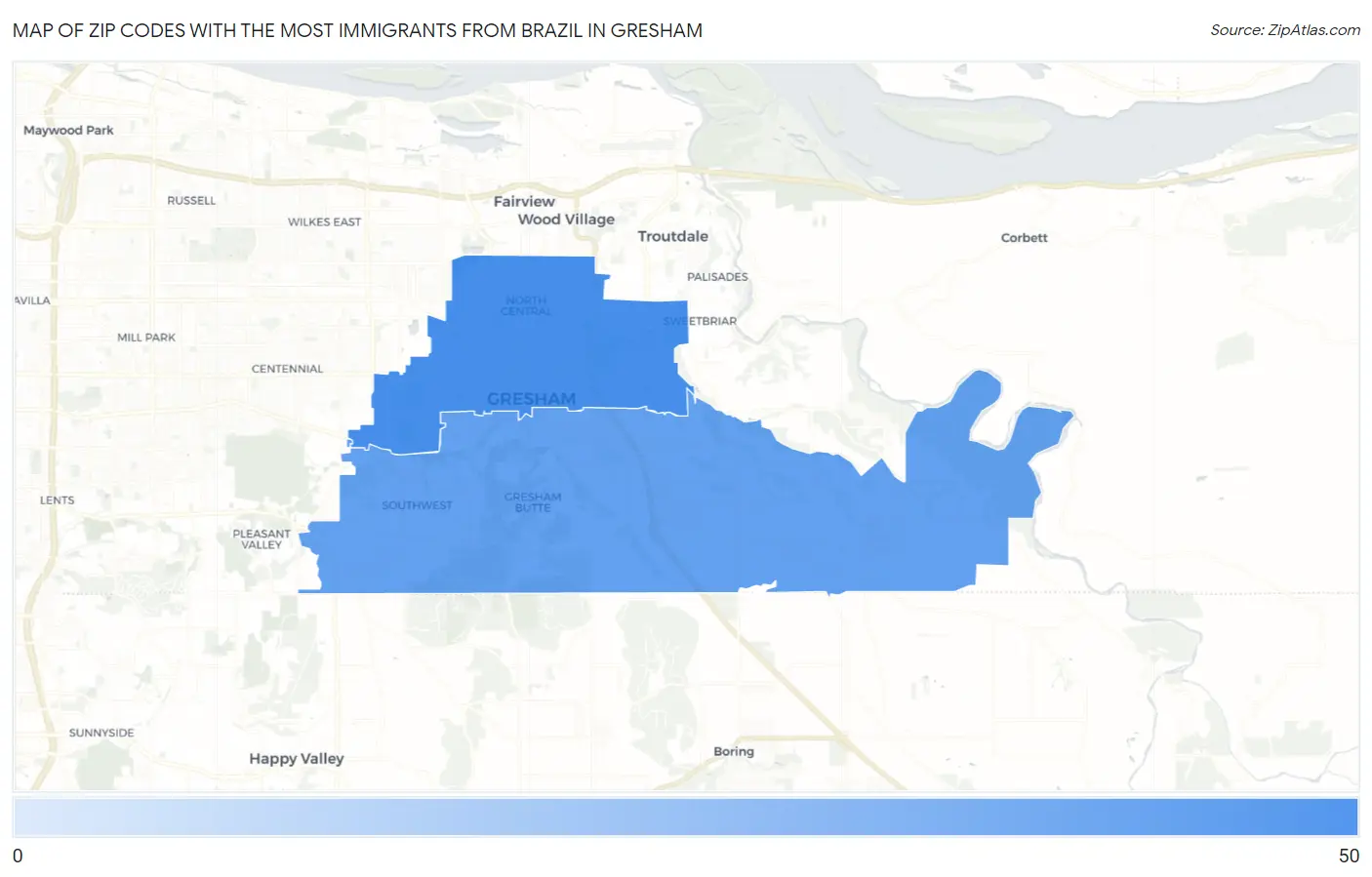 Zip Codes with the Most Immigrants from Brazil in Gresham Map