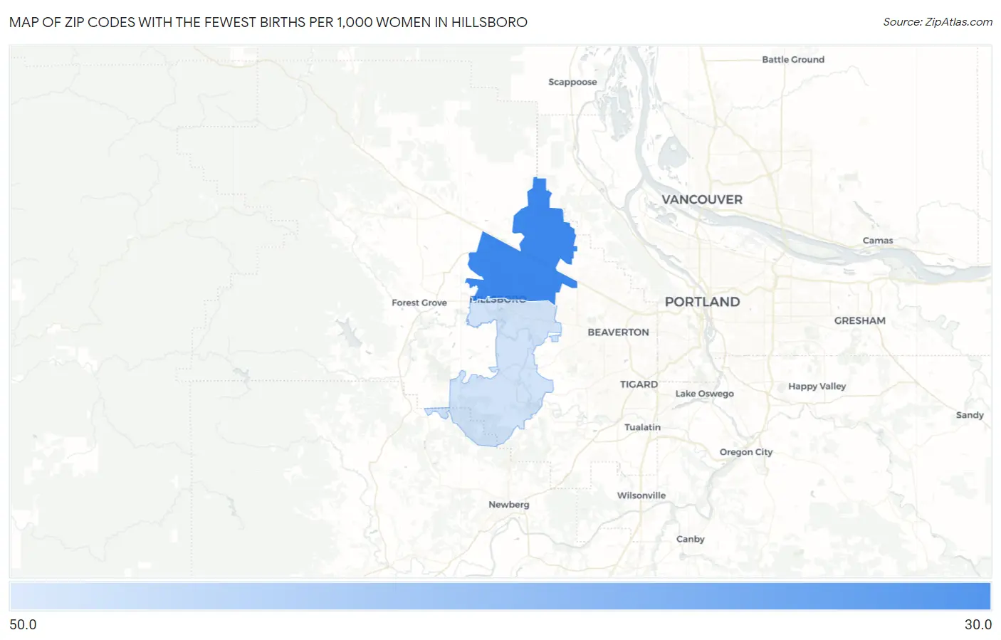 Zip Codes with the Fewest Births per 1,000 Women in Hillsboro Map
