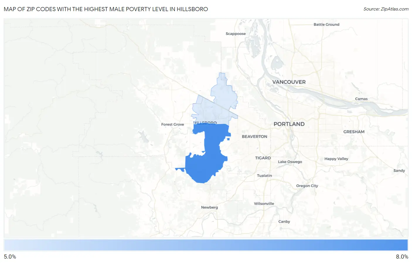 Zip Codes with the Highest Male Poverty Level in Hillsboro Map