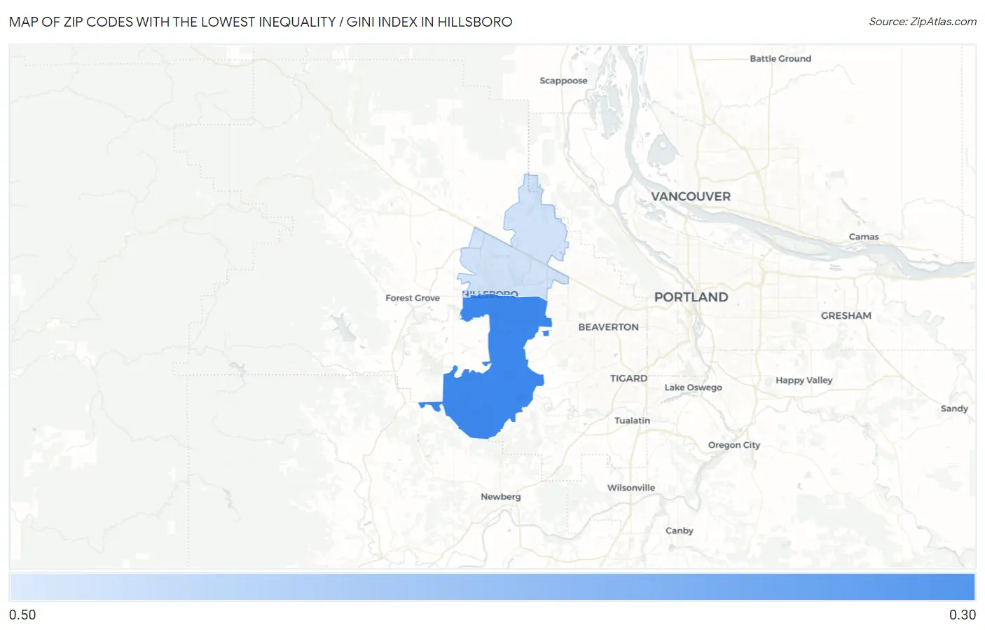 Zip Codes with the Lowest Inequality / Gini Index in Hillsboro Map