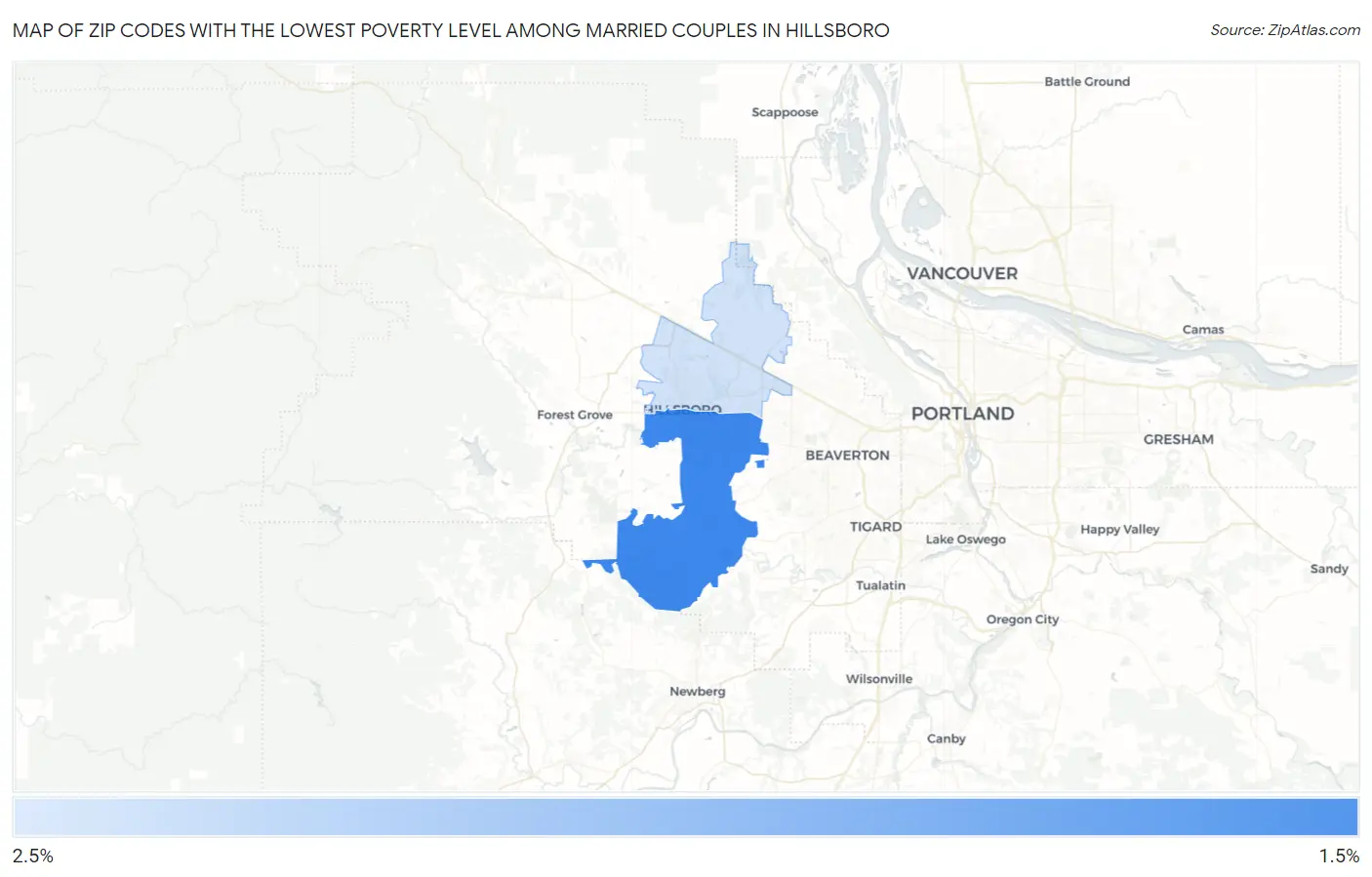 Zip Codes with the Lowest Poverty Level Among Married Couples in Hillsboro Map