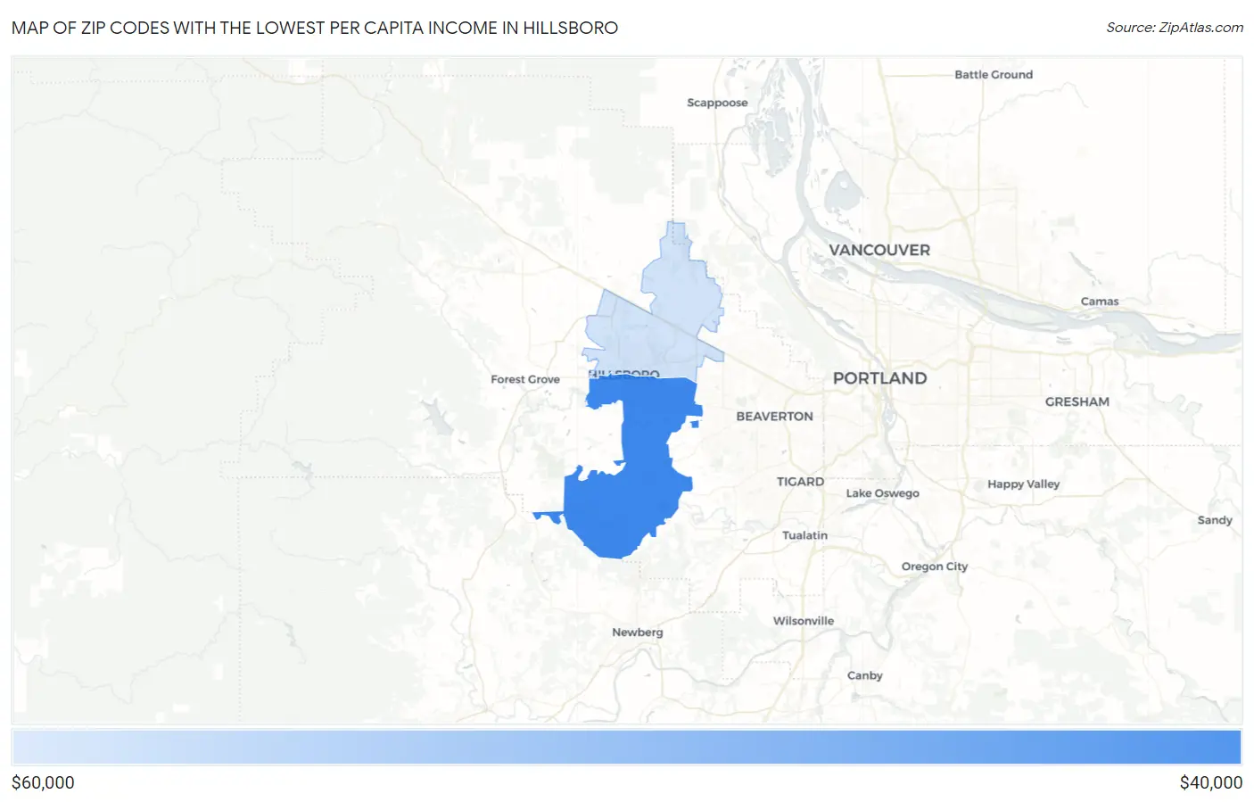 Zip Codes with the Lowest Per Capita Income in Hillsboro Map