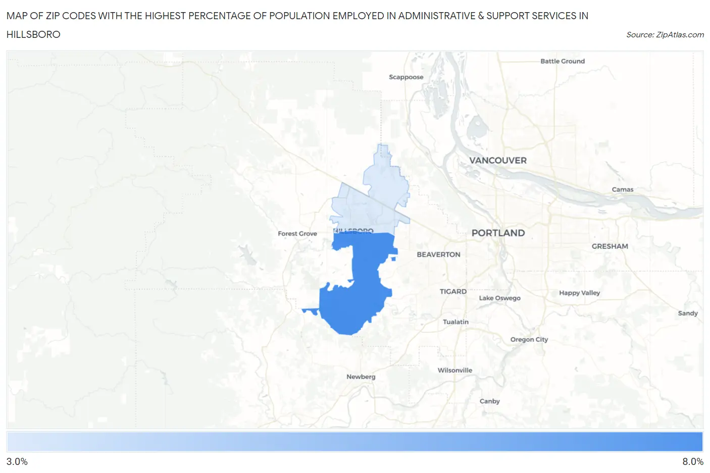 Zip Codes with the Highest Percentage of Population Employed in Administrative & Support Services in Hillsboro Map