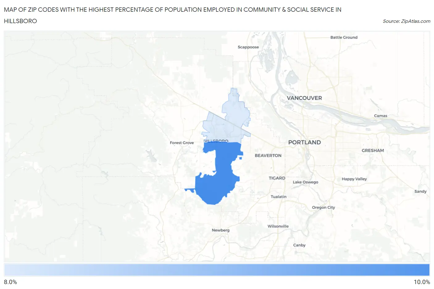 Zip Codes with the Highest Percentage of Population Employed in Community & Social Service  in Hillsboro Map