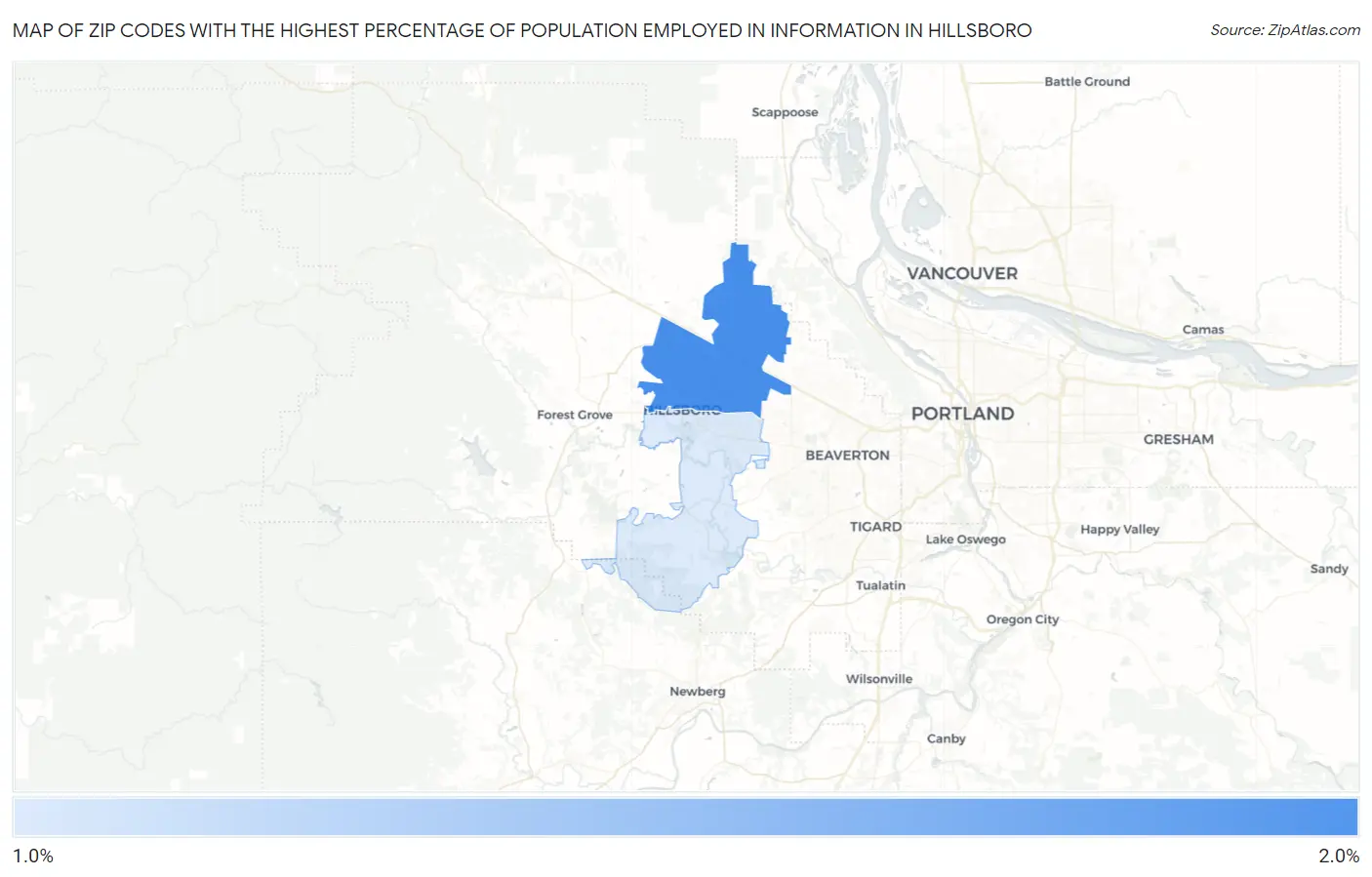 Zip Codes with the Highest Percentage of Population Employed in Information in Hillsboro Map