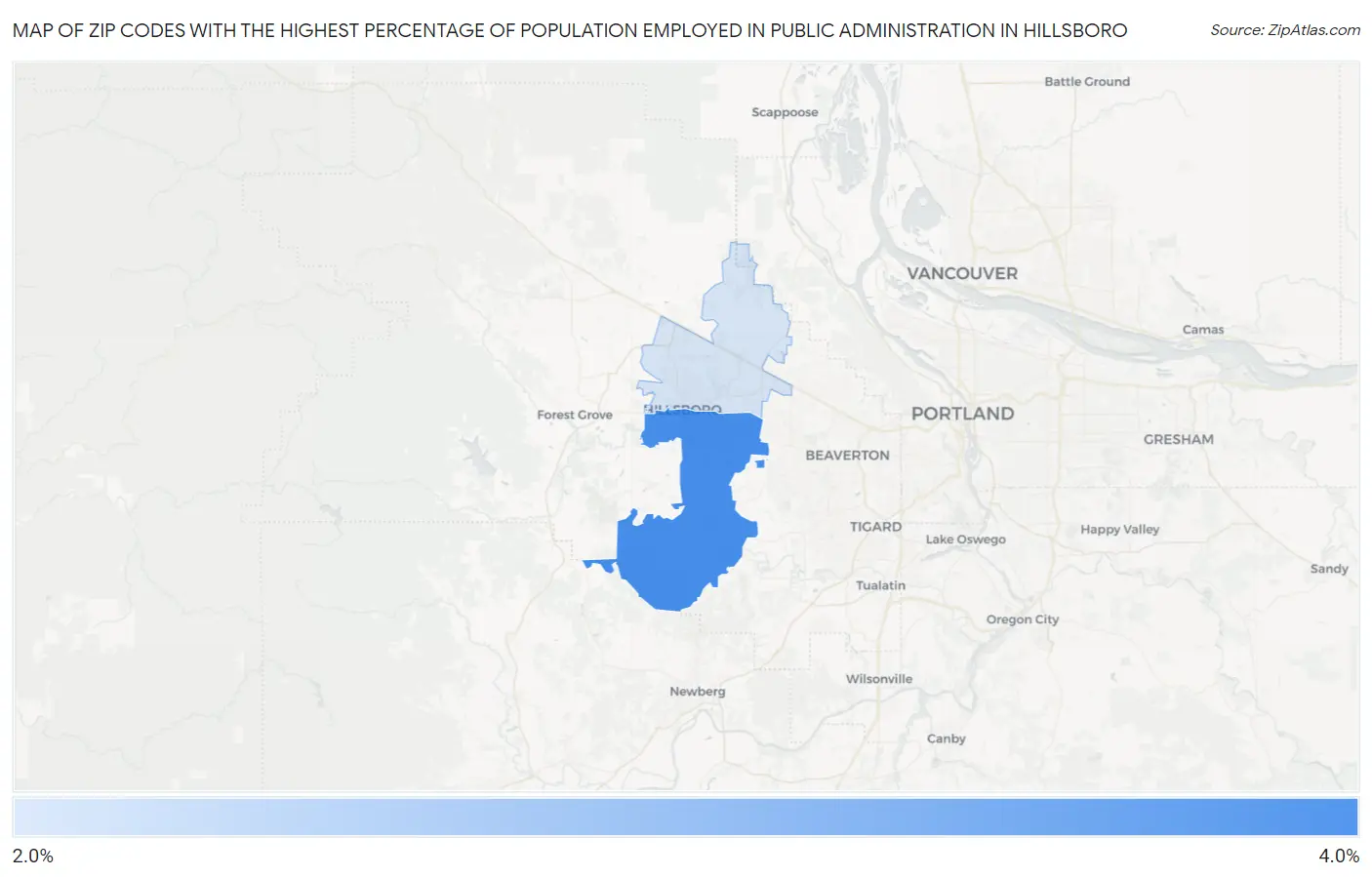 Zip Codes with the Highest Percentage of Population Employed in Public Administration in Hillsboro Map